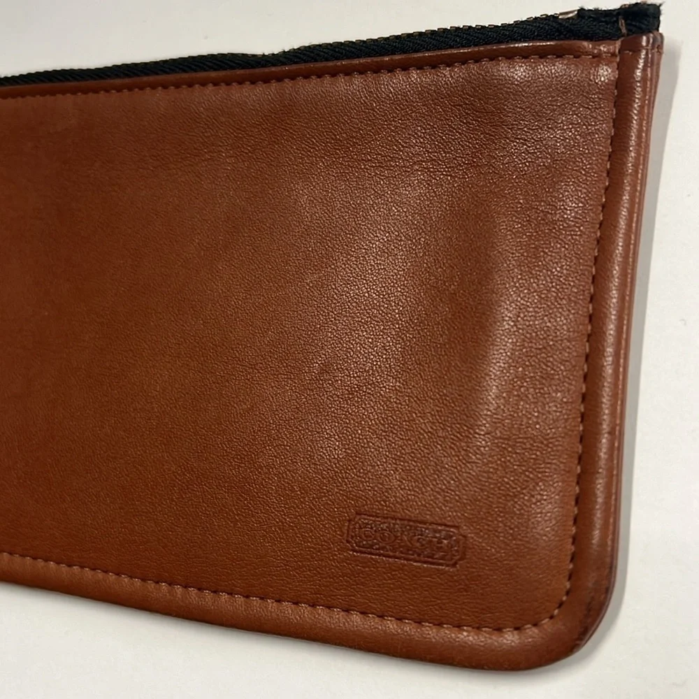 Coach British Tan Leather 7.25” x 3.75” Zip Top Stripe Cotton Lined Clutch Bag